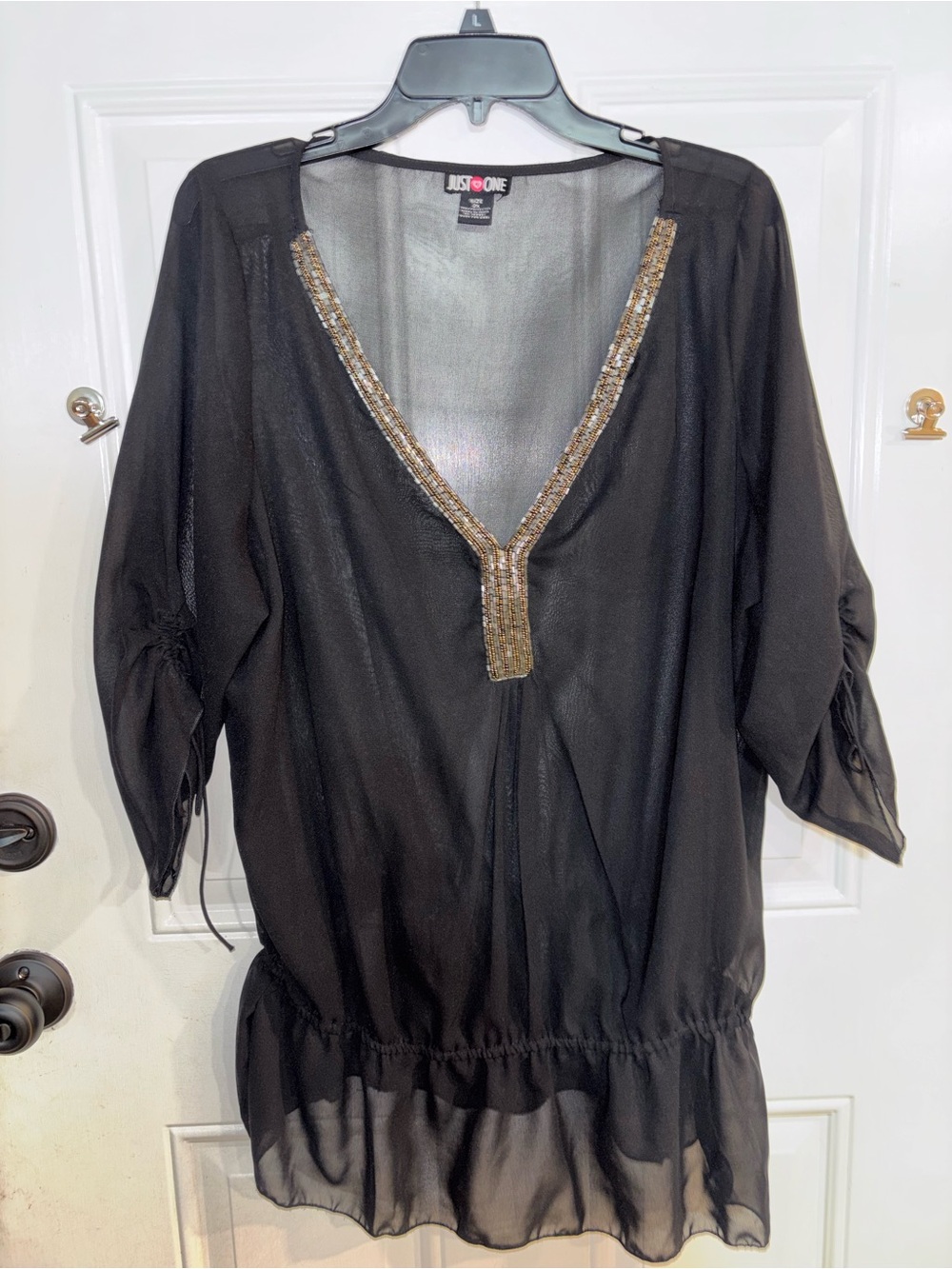 Just One Black Sheer V-Neck Blouse with Gold Sequin Trim